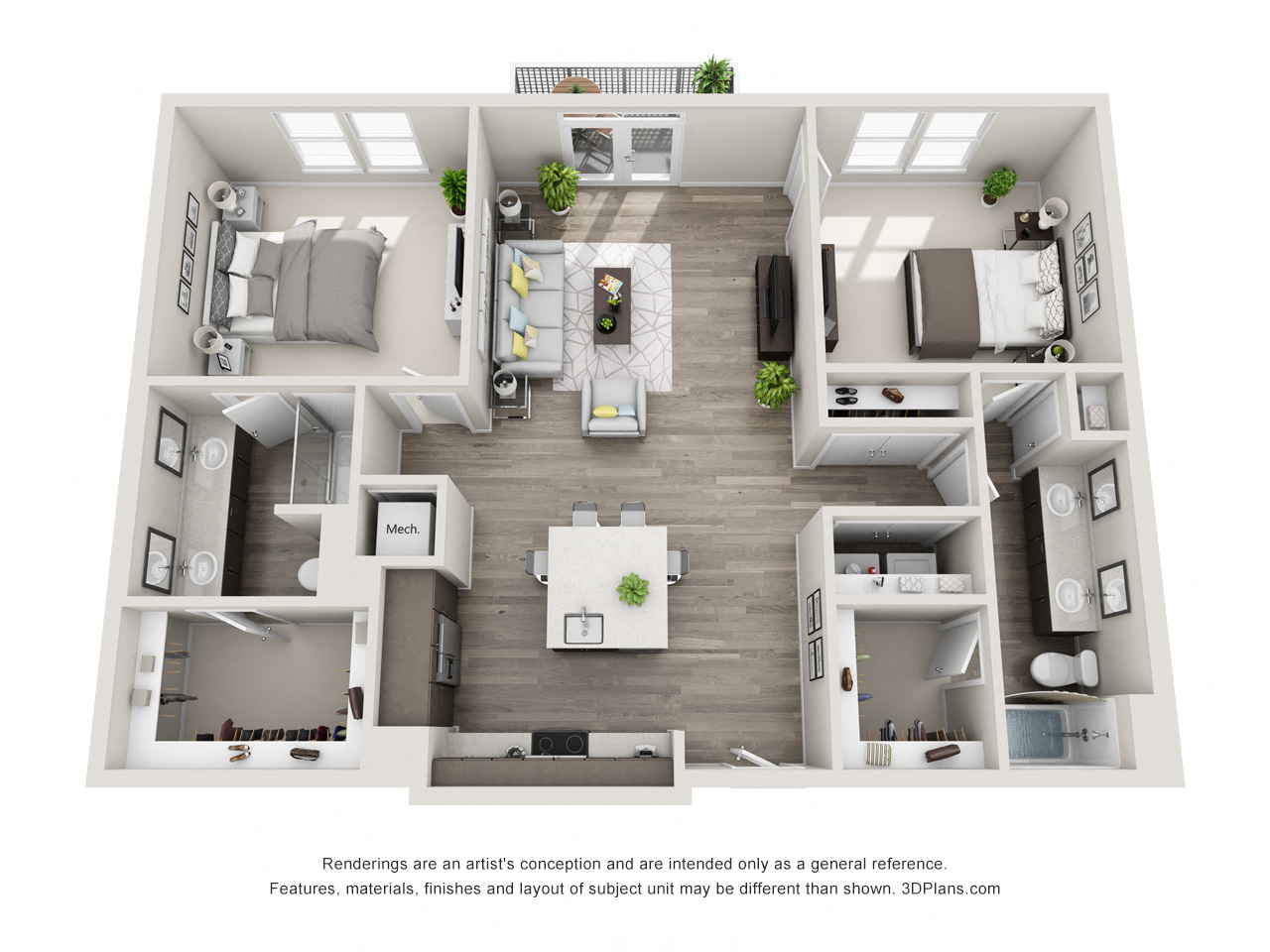 Floor plan for 2 beds, 2 baths, 1284 sqft
